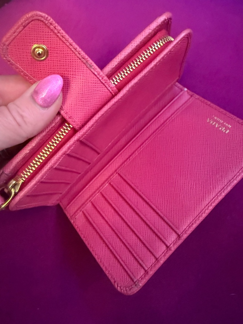 Prada Hot Pink Saffiano Leather Zip Wallet with Gold Logo - Picture 8 of 11